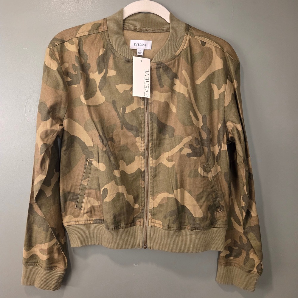 NEW Evereve Women's Rocco Bomber Jacket Olive Camo Linen Blend Size S